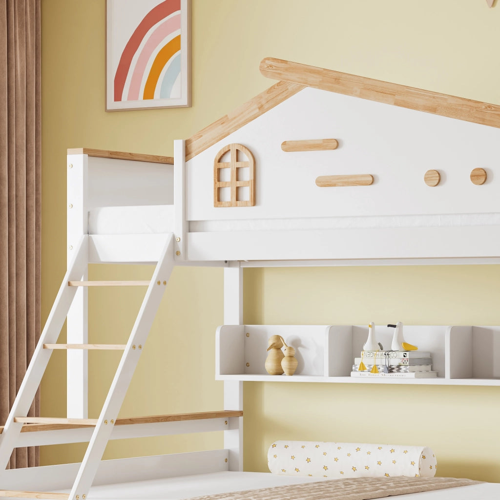 Letto a Castello Letto per Bambini 90x200 cm e 140x200 cm; 2 Cassetti; Mensole e Scala inclinata