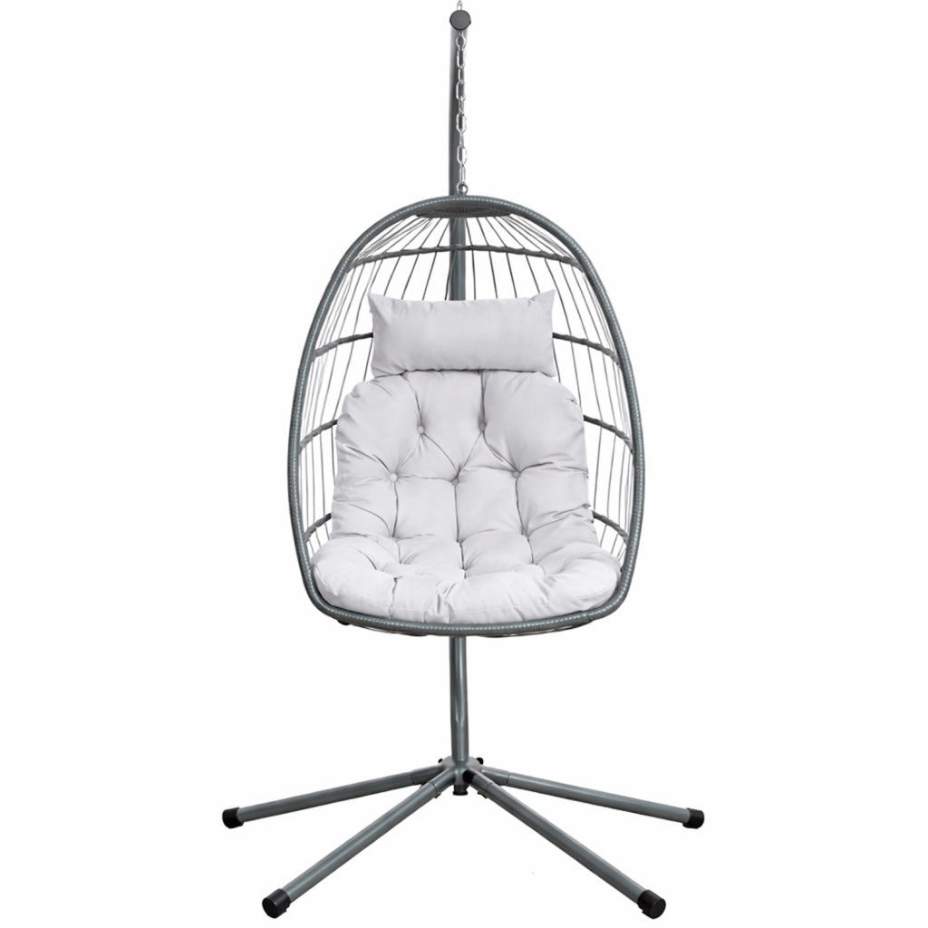 Poltrona Sospesa Da Giardino In Metallo Con Cuscino Imbottito Pieghevole Per Balcone E Terrazzo 105 x 105 x 198 Cm Grigio Chiaro