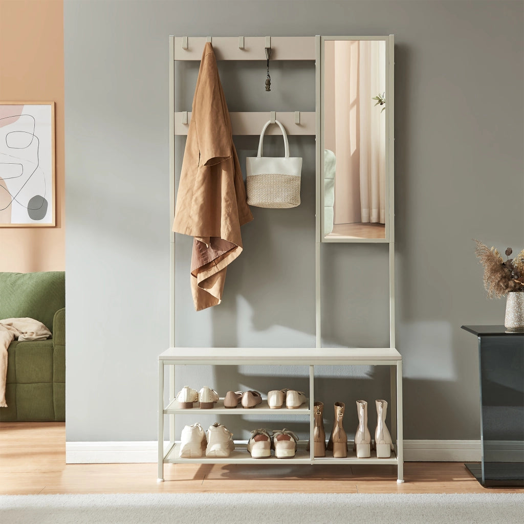 Stand Appendiabiti Napinerg con Specchio Panca e Scarpiera 185 x 98 x 34 cm - Avena Oatmeal [en.casa]