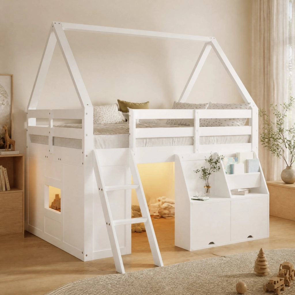 Letto a soppalco per bambini a casetta 140x200 cm con scala; LED e contenitori bianco