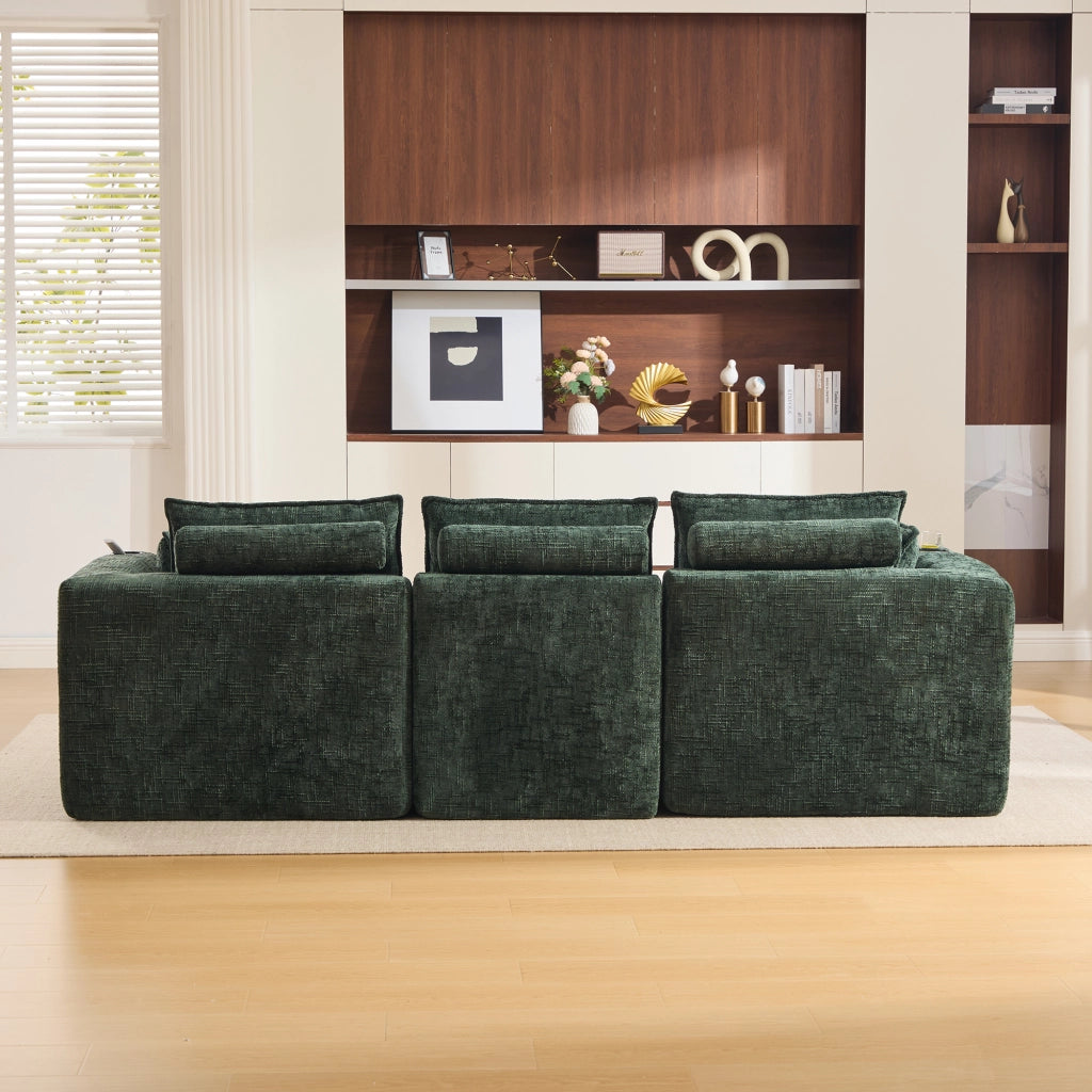 Divano modulare 3 posti con pouf tasche laterali e cuscini imbottitura in schiuma e molle insacchettate ciniglia verde