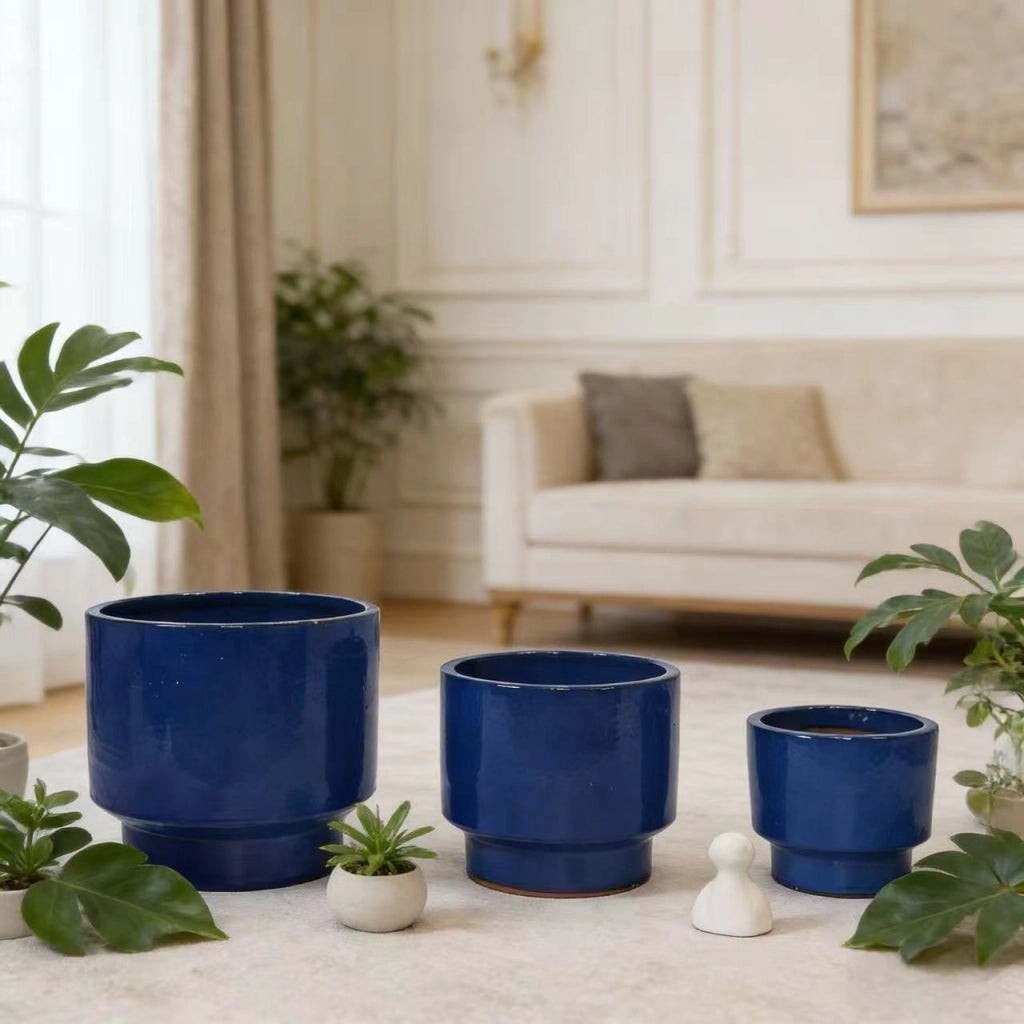 VASO in ceramica blu con foro di drenaggio per interno ed esterno
