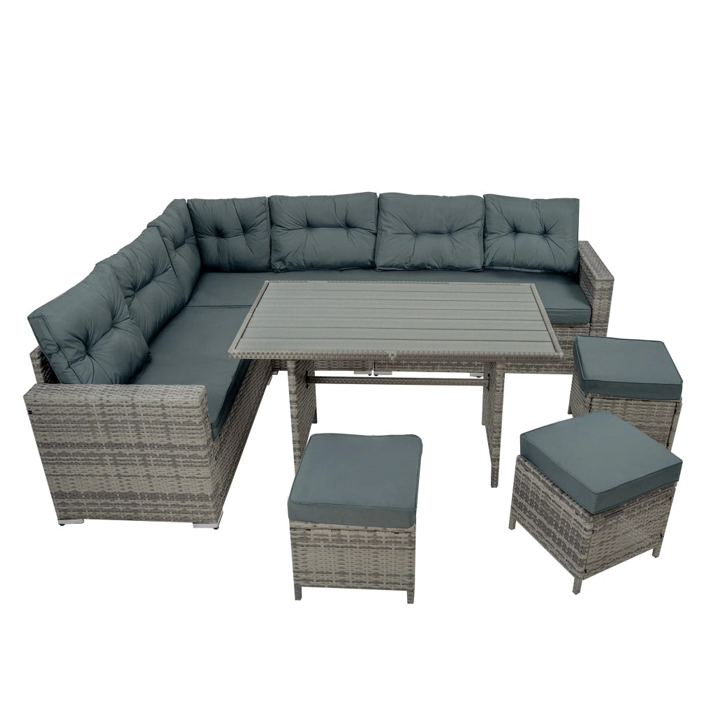 Set Angolare Rattan Giardino 9 Posti Grigio Tavolo Cuscini Impermeabili