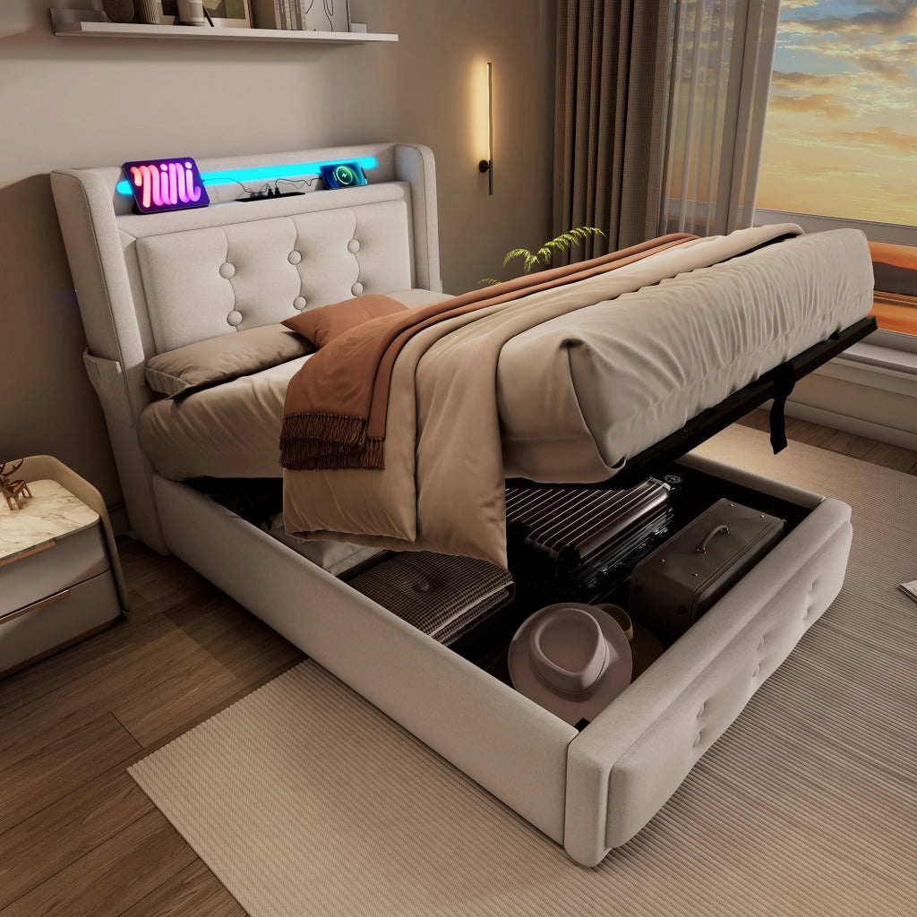 LETTO Contenitore 90x200 cm Beige in cotone-lino con materasso incluso, LED e USB