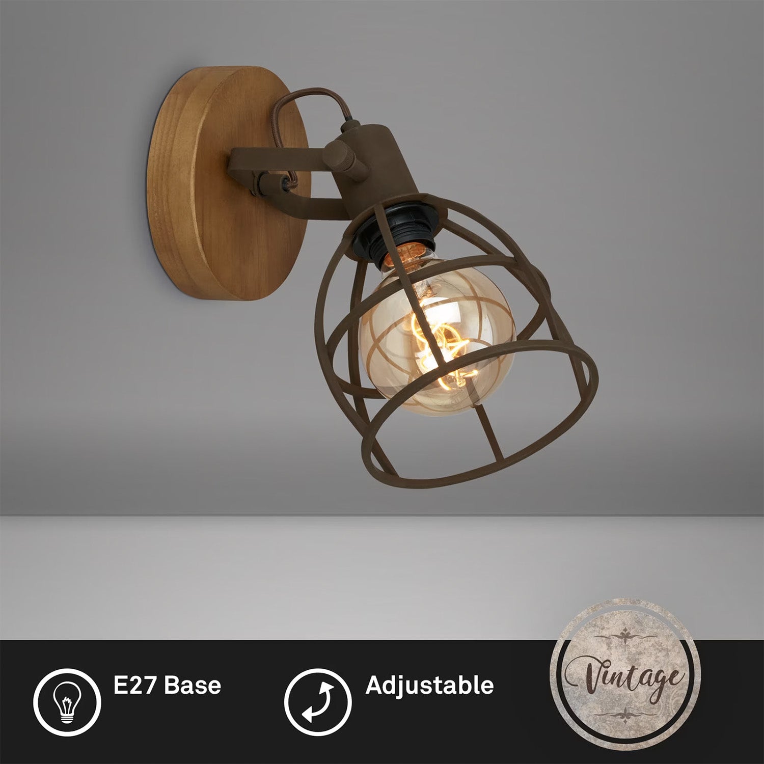 Spot Vintage Korbo Metallo Ruggine Legno 1 Luce E27 Ip20