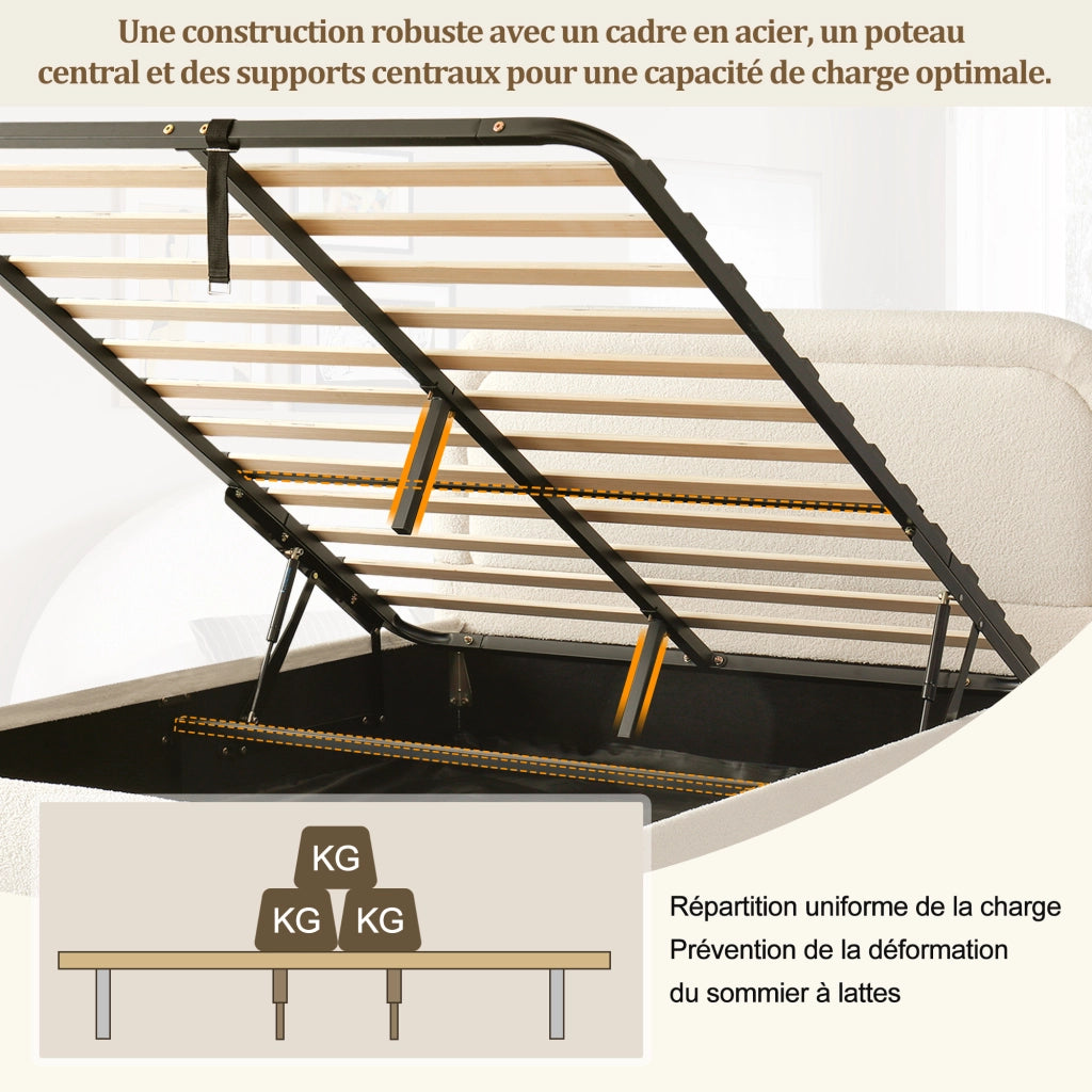 Letto Contenitore Matrimoniale 140 x 190 cm; Rete a doghe e Testiera in Bouclé Beige