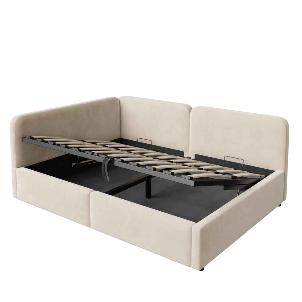 Divano letto imbottito 140x200 cm con vano idraulico e testiera reversibile; beige
