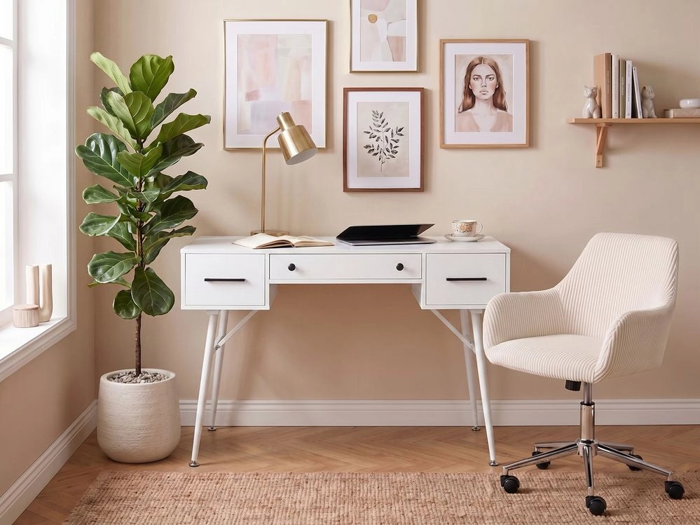 Scrivania da ufficio per casa in truciolato bianco con gambe in ferro 120 x 50 cm con 3 cassetti stile retrò
