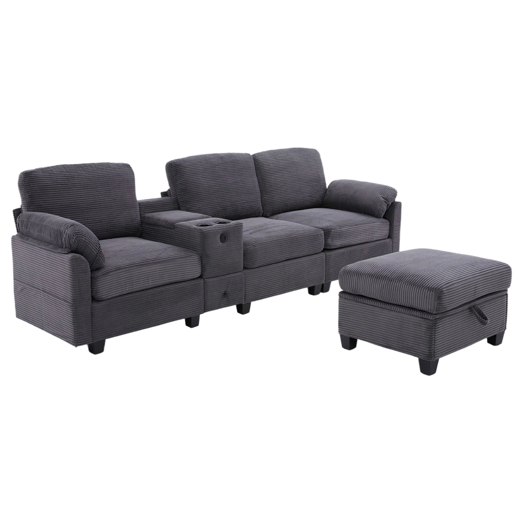 Divano Grand Cord con Ottoman, Cassetto e USB-C ¨C Xylo ¨C Tessuto, Grigio