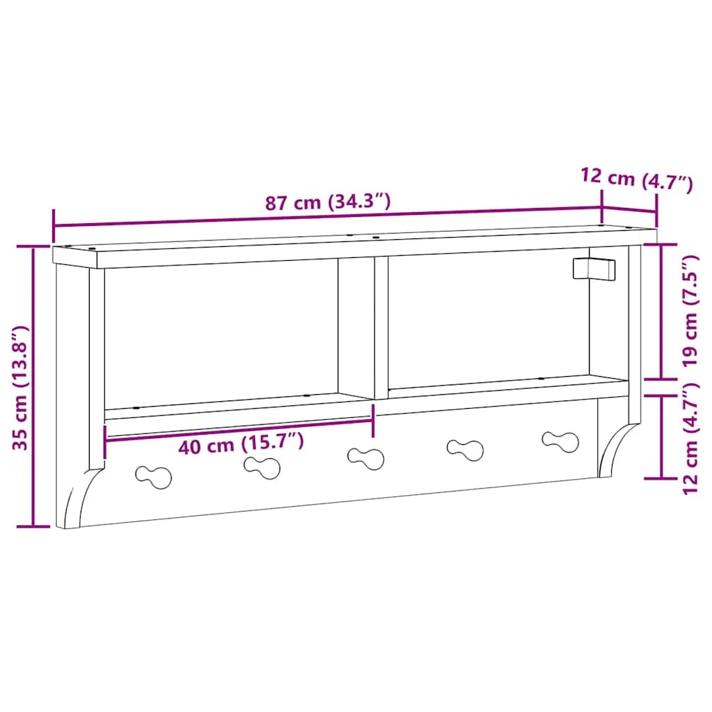 Appendiabiti da parete salvaspazio 87 x 12 x 35 cm con 5 ganci stile rustico finitura pino e noce 02_0056693