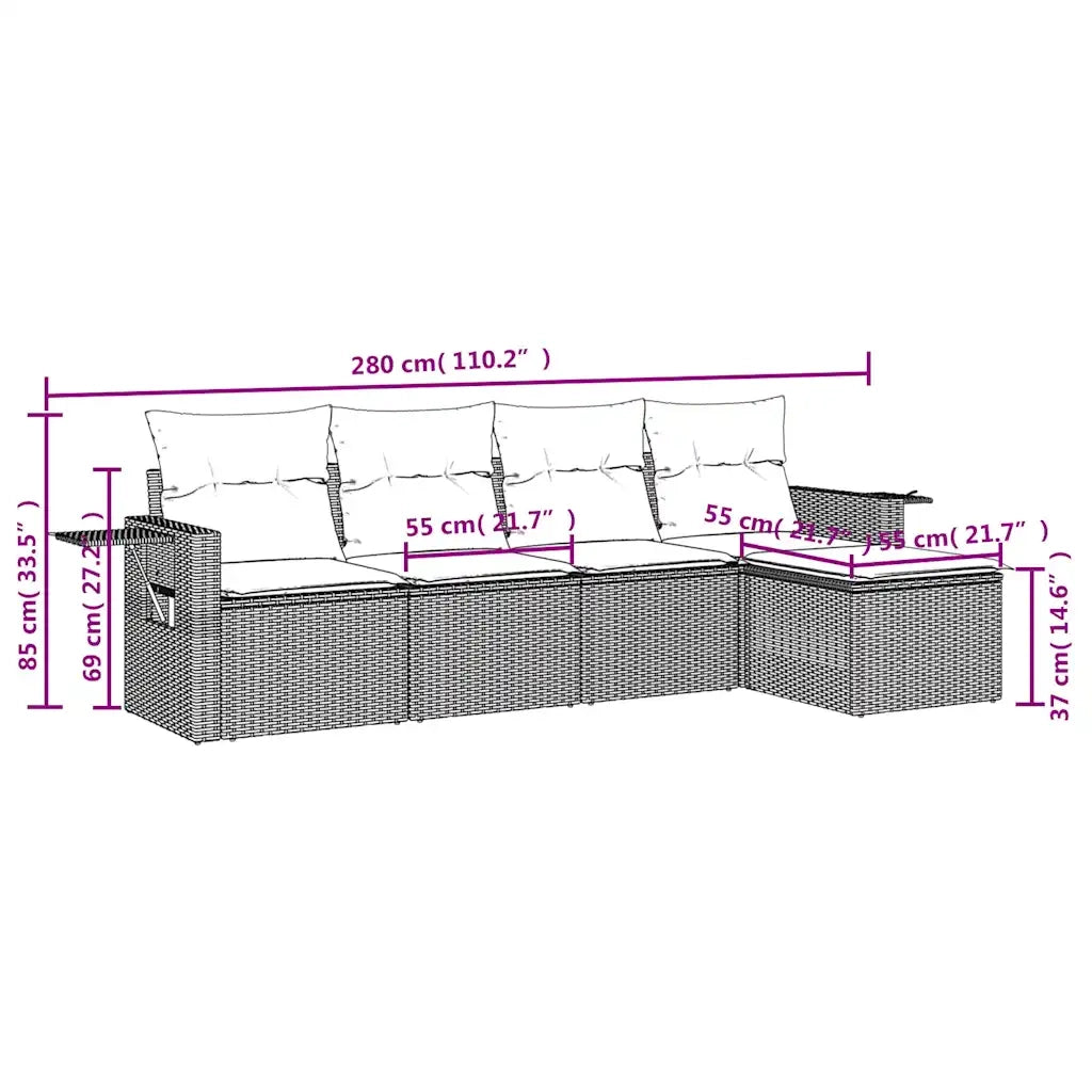 Set Divano da Giardino 5pz con Cuscini Grigio Chiaro Polyrattan