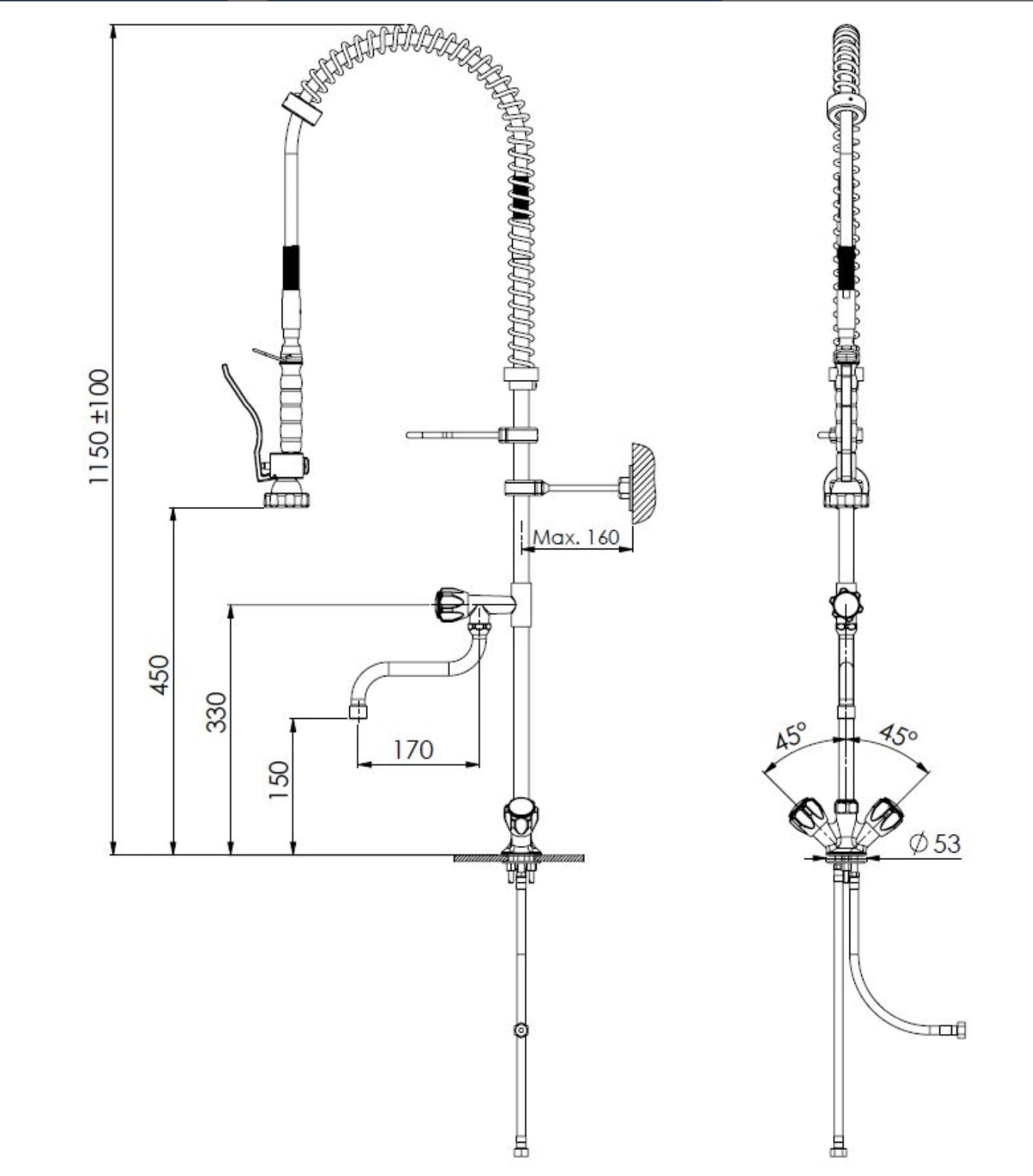 Rubinetto alto per cucina professionale doppia uscita