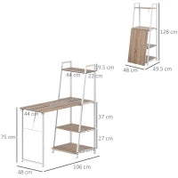 Scrivania Pieghevole con Libreria a 4 Livelli, Scrivania Salvaspazio in Metallo e Legno, 106x48x128cm, Rovere