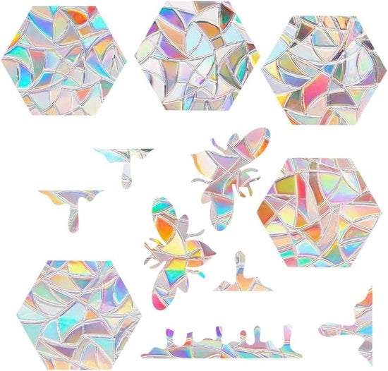 24 pezzi di graffetta di vetro per finestra con effetto arcobaleno, adesivo statico anti-urto, ombrello solare, etichetta di avvertimento riutilizzabile, non adesiva, per proteggere gli uccelli dai vetri.