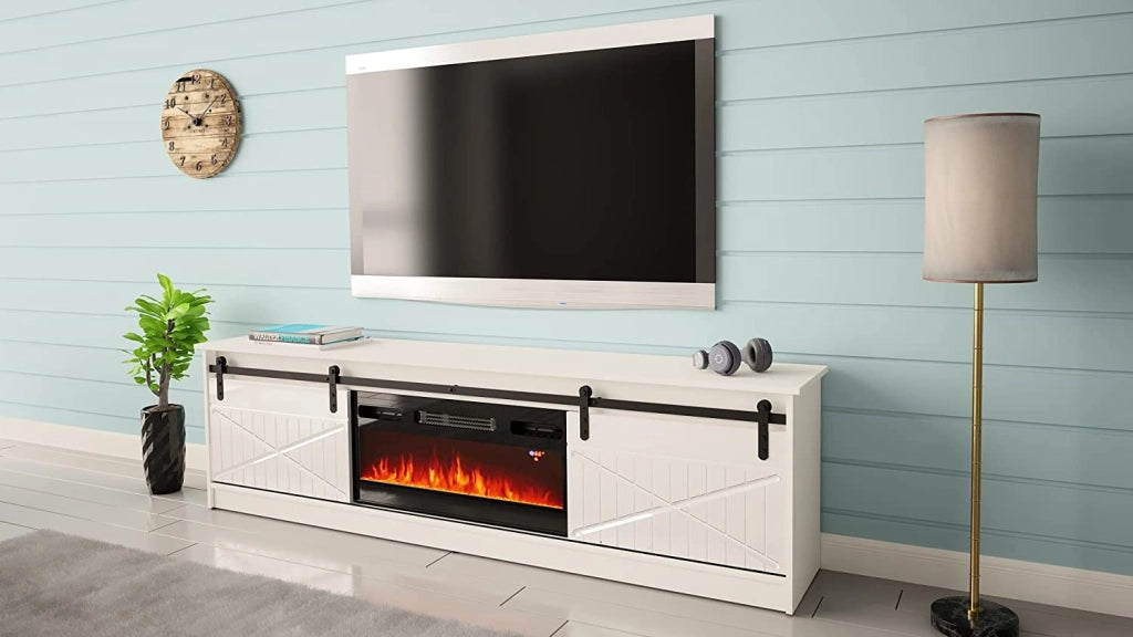 MOBILE TV CON CAMINETTO ELETTRICO GRANERO INCORPORATO cm200x35x57 BIANCO LUCIDO