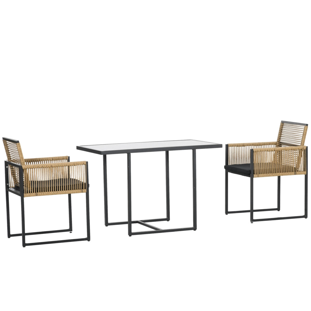 Tavolo da pranzo con vetro e 2 sedie in rattan ¨C zephmum ¨C nero e naturale 90x90x75 cm