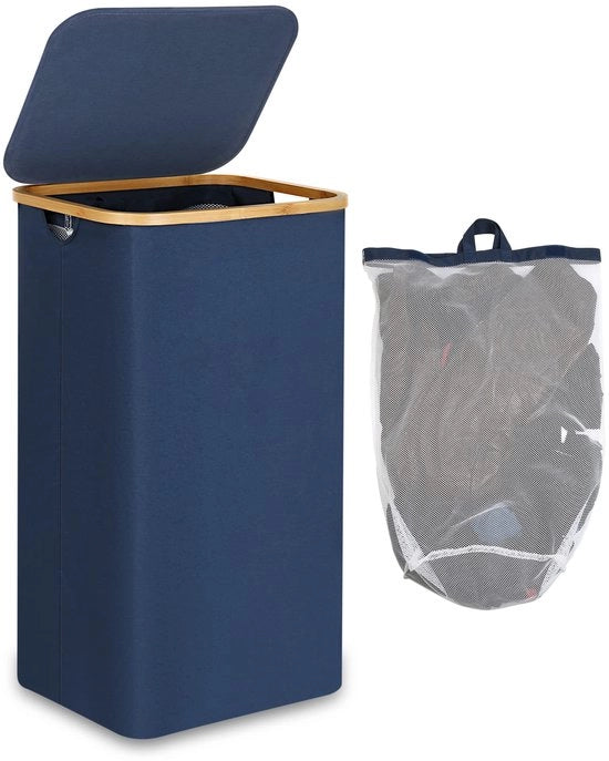Asciugamano a cassetta 100 litri con coperchio, manico di bambù e tasca interna, raccolta asciugamani XXL pieghevole grande, raccolta asciugamani per camera da letto e bagno blu