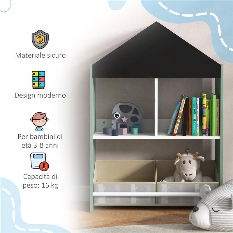 SCAFFALE PORTAGIOCHI PER BAMBINI CON RIPIANI E CASSETTI RIMOVIBILI, VERDE