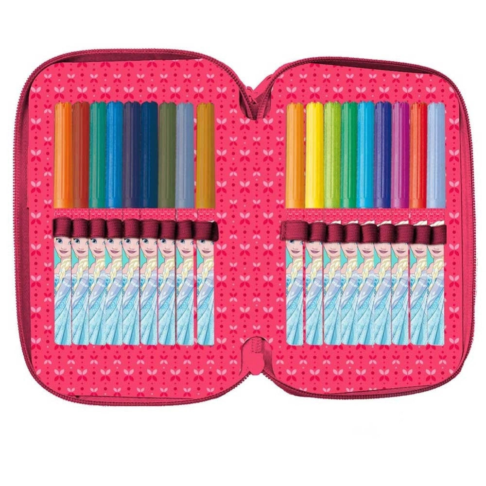 Trade Shop - Astuccio Portapastelli Scuola 3 Zip Frozen Accessoriato Con Pastelli Pennarelli -