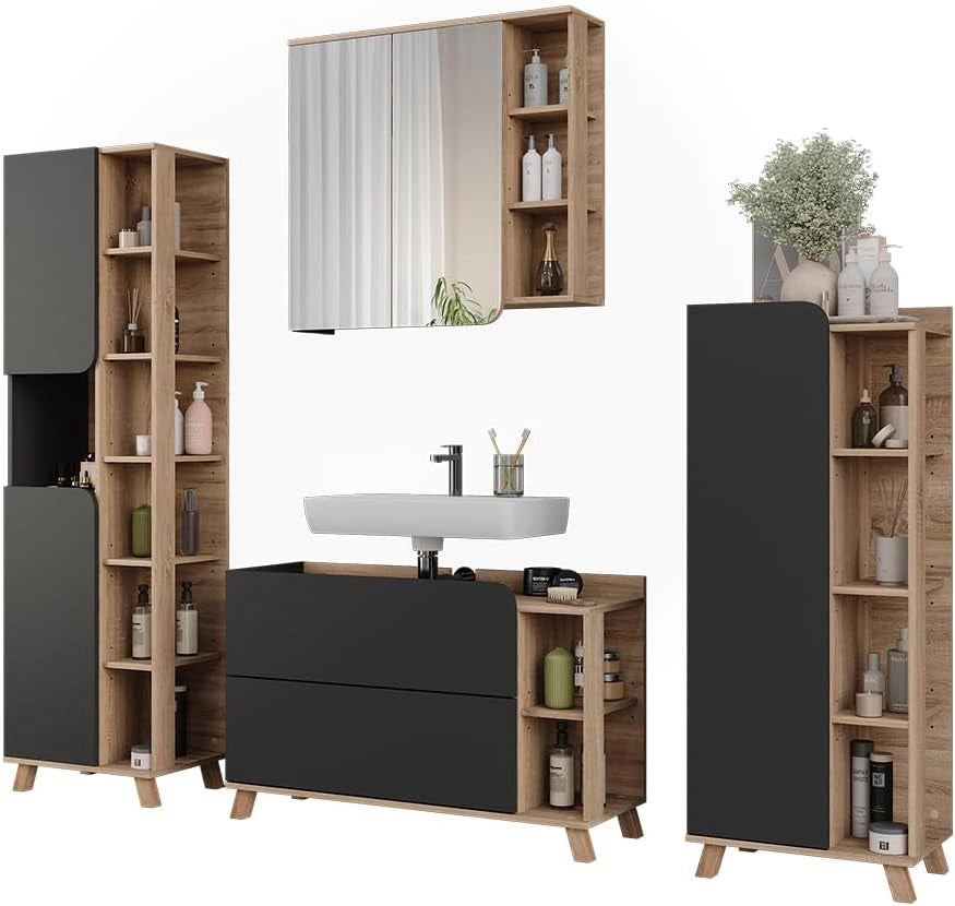 Set di mobili da bagno Karen, Sonoma/antracite, 100 cm, composto da mobile lavabo, pensile a specchio, colonna e base media