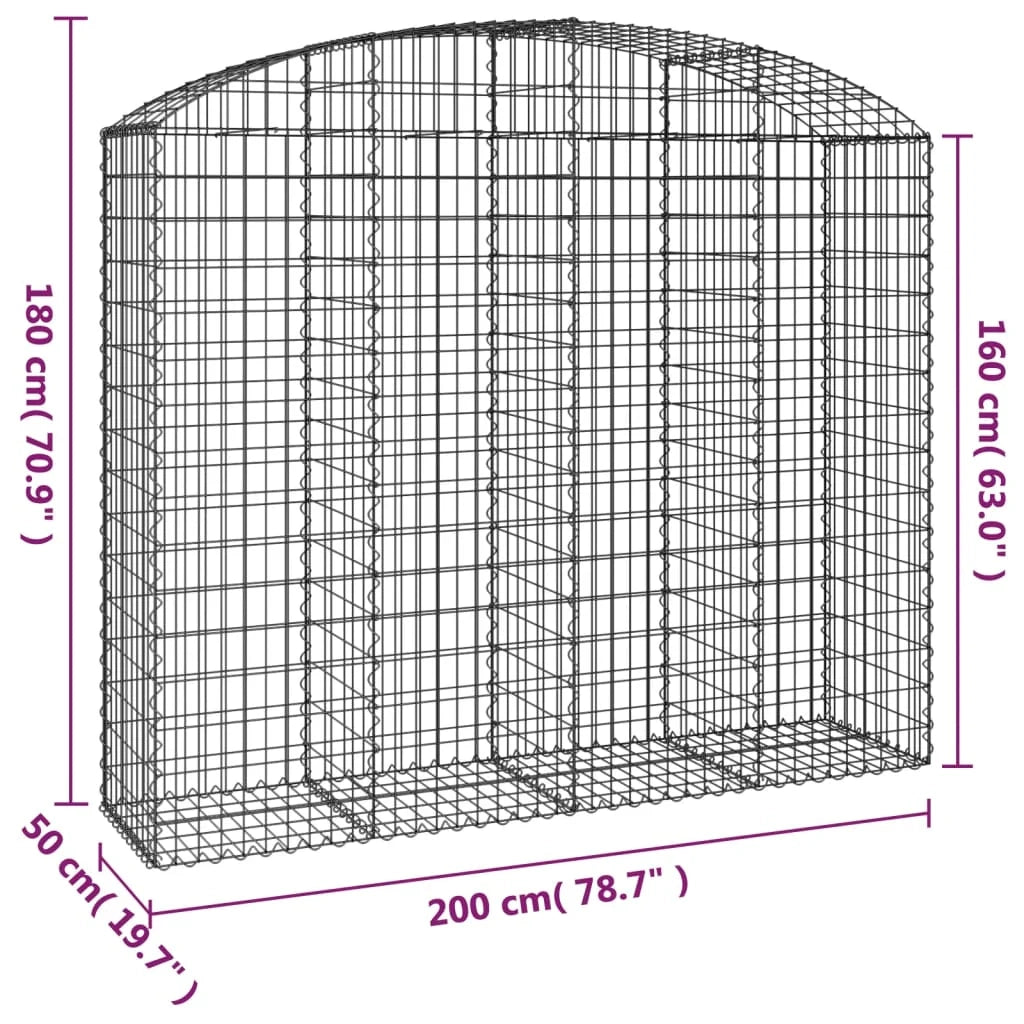 Cesto gabbione recinzione a gabbia muro di contenimento ad arco 200 x 50 x 160/180 cm ferro zincato argento 02_0040029