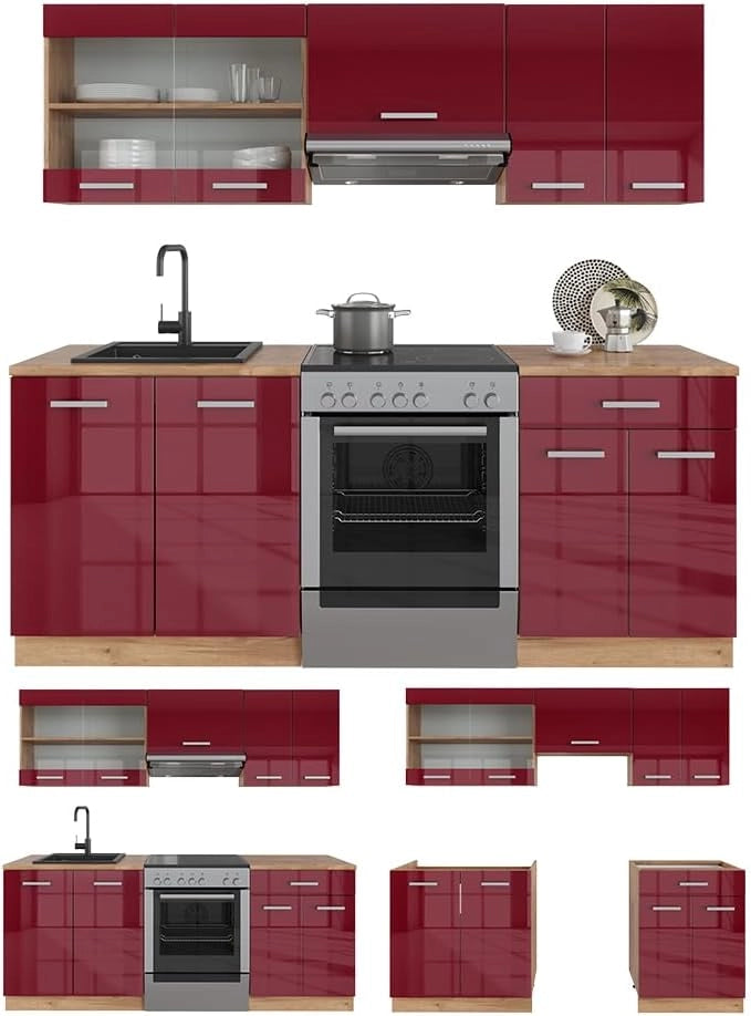 Cucina componibile R-Line, Rosso lucido/rovere dorato, 200 cm, PL Antracite, adatto per l'espansione personalizzata tramite moduli aggiuntivi