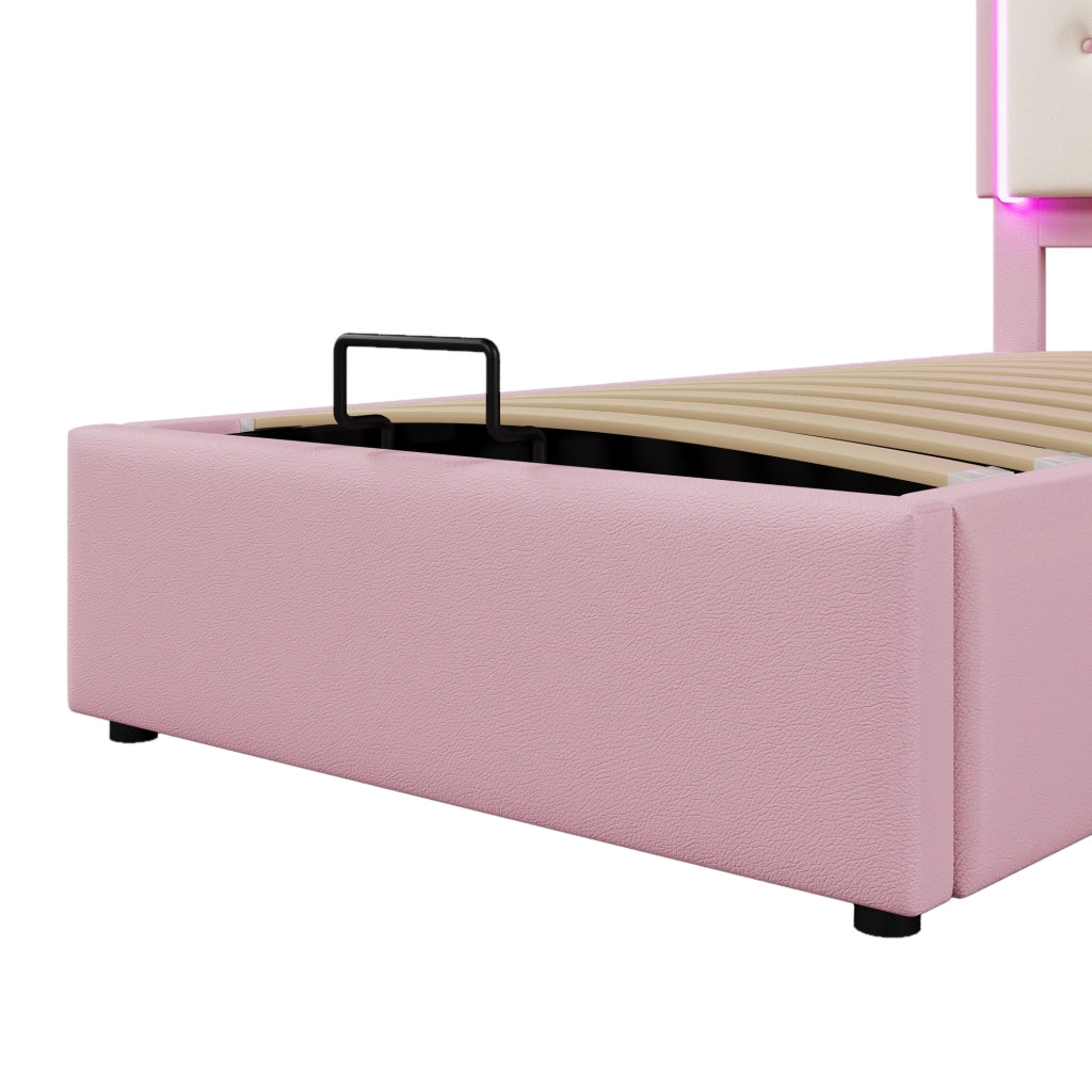Letto per bambini 90 × 200 cm 1 posto con contenitore idraulico; LED con telecomando; senza materasso; rosa