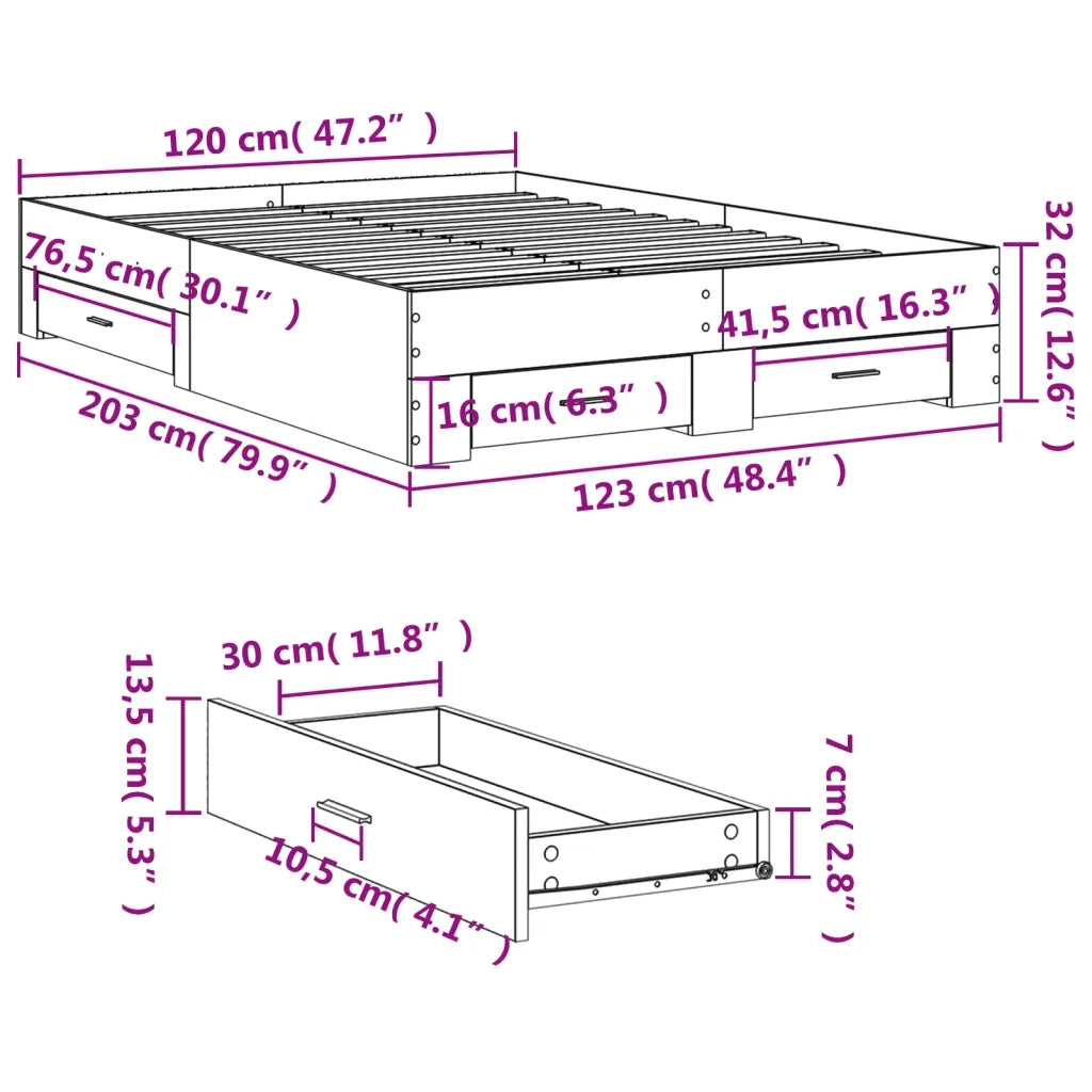 Letto matrimoniale | Letto per adulti | Giroletto Cassetti Grigio Cemento 120x200 cm Legno Multistrato