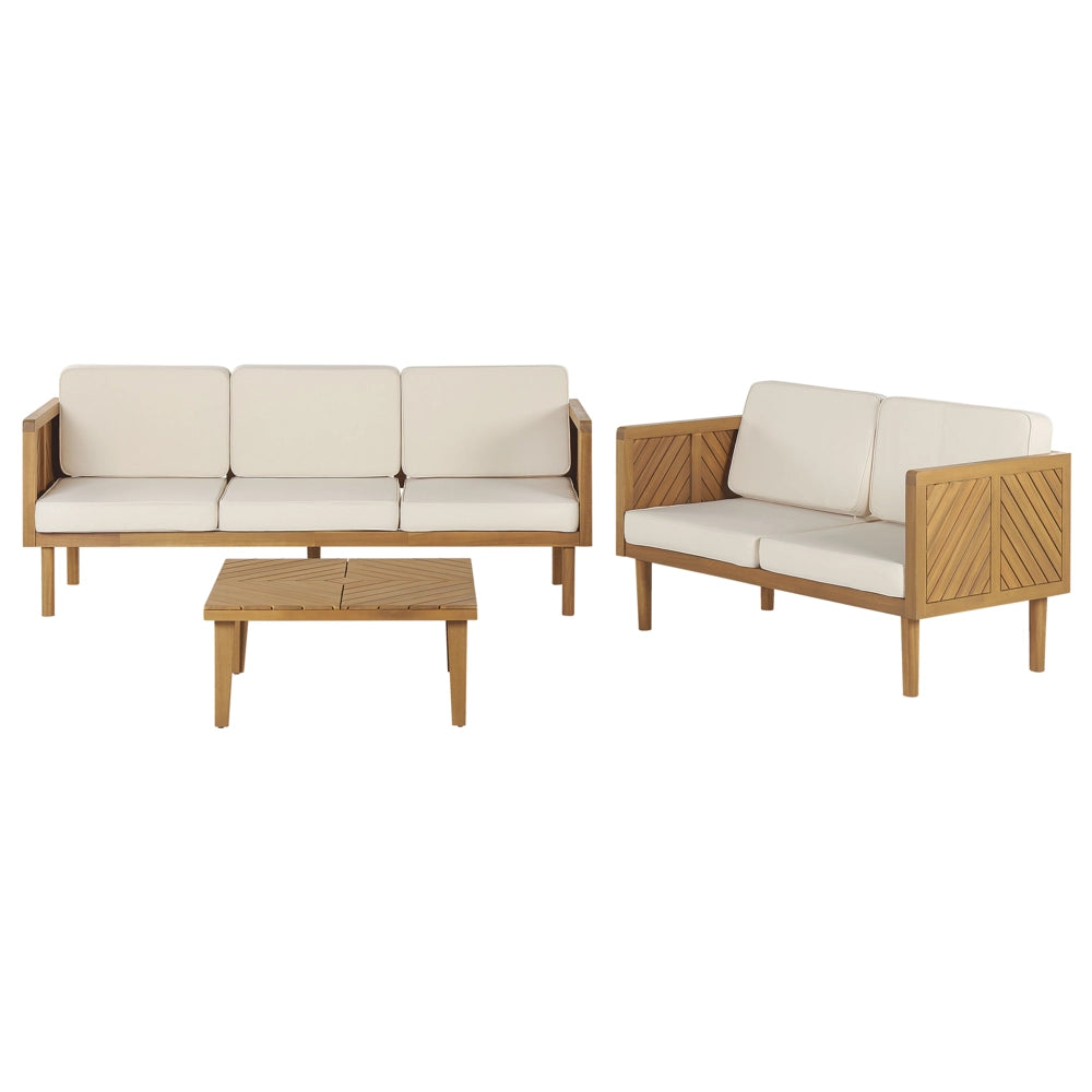 Set divani da giardino in legno di acacia cuscini beige chiaro tavolino 5 posti salotto da esterno design moderno