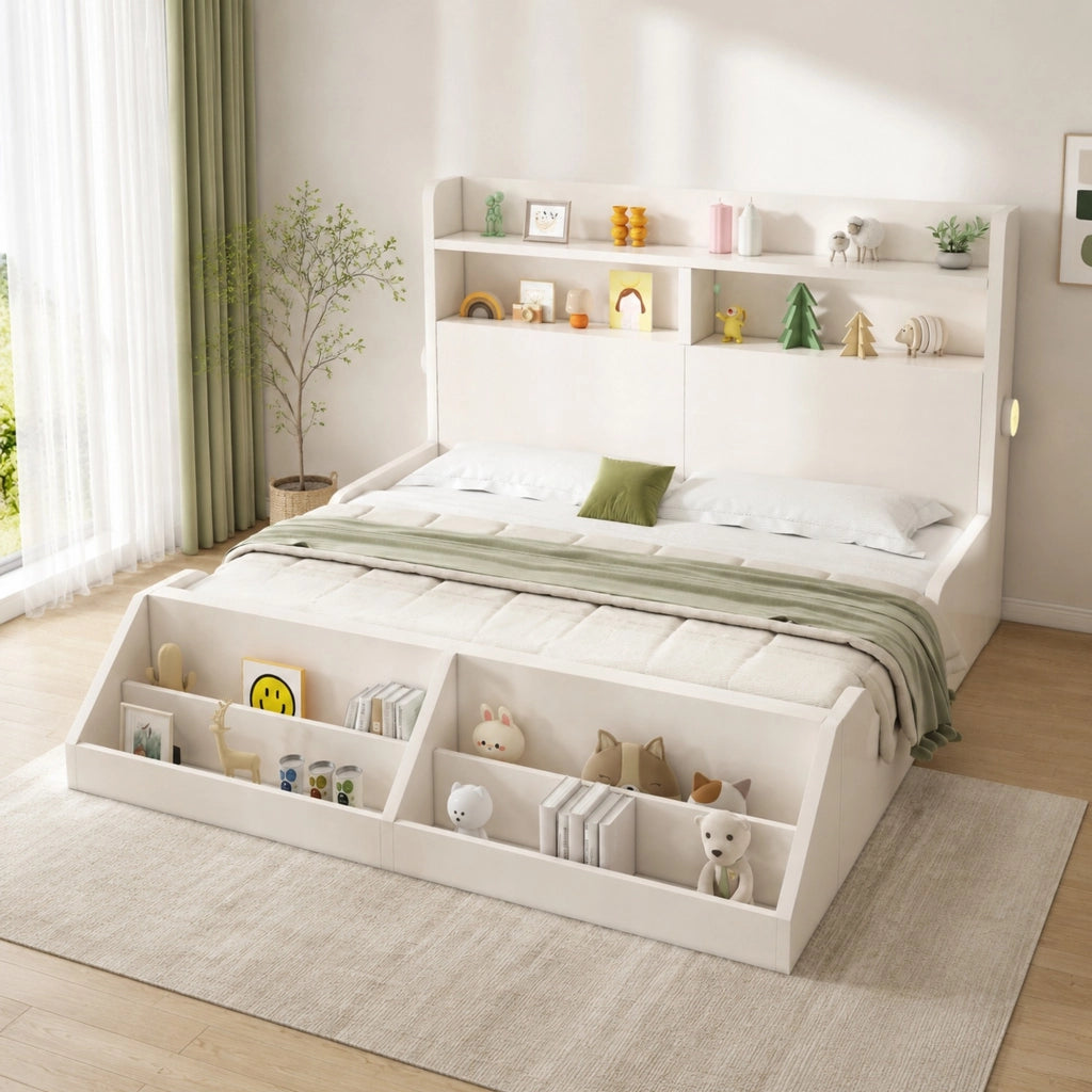 LETTO 140x200 cm Bianco in legno con libreria e luci notturne