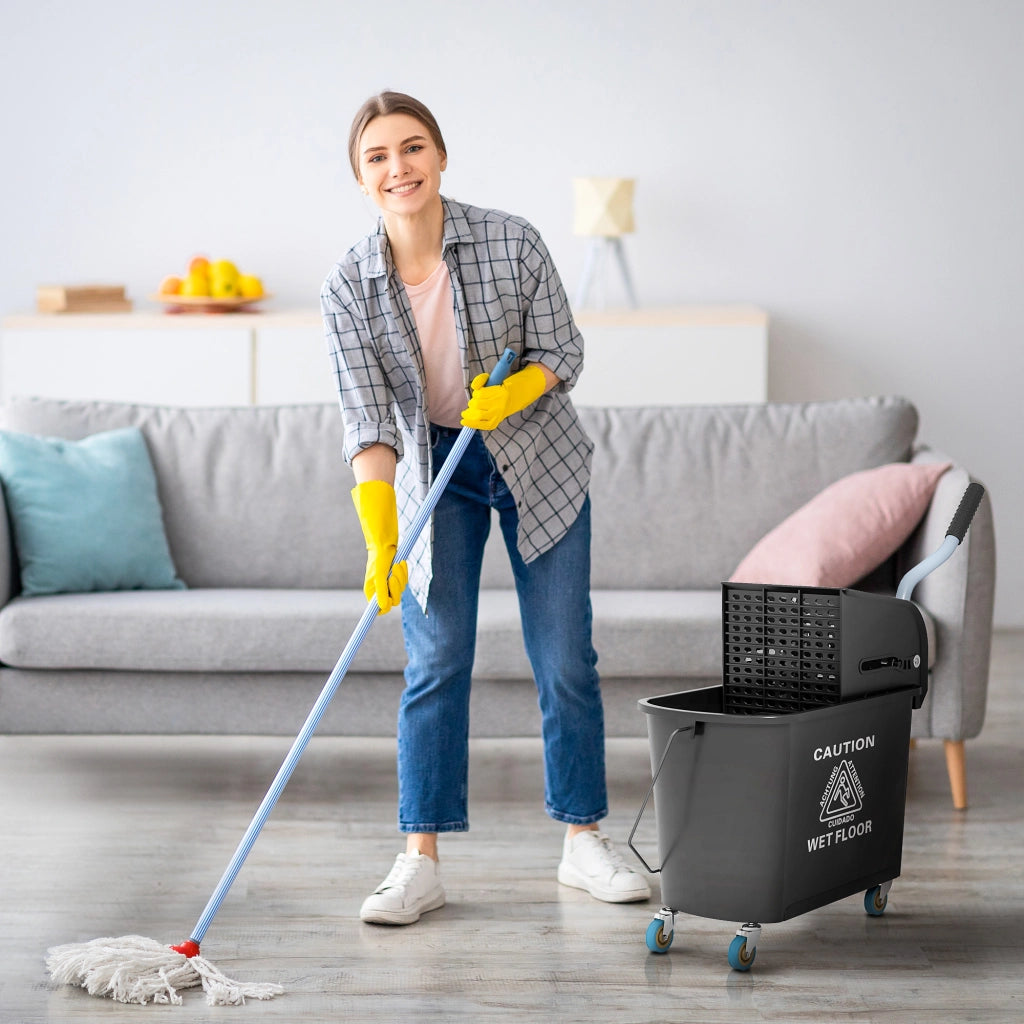 Carrello lavapavimenti con secchio da 20 L, strizzatore, 2 scomparti, 4 ruote, nero