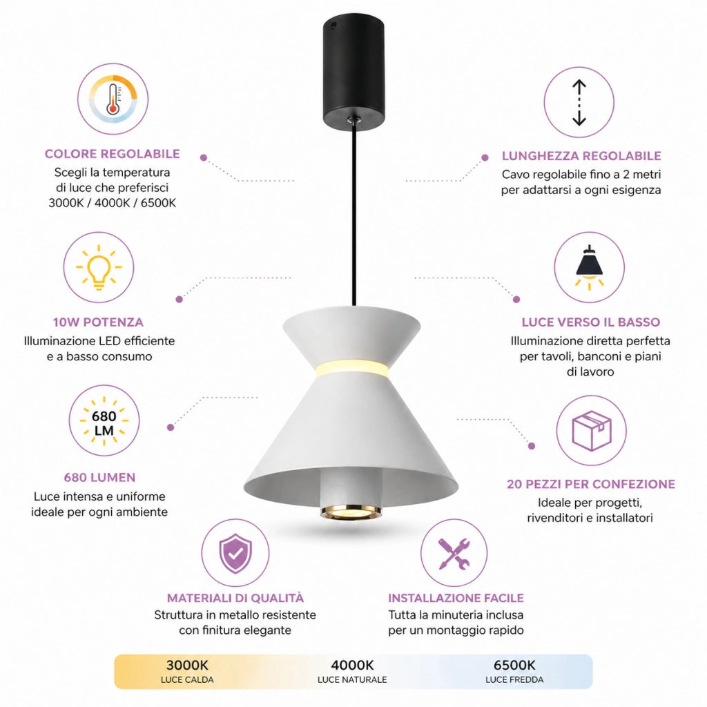 LAMPADARIO LED A SOSPENSIONE MODERNO BIANCO 10W DIMMERABILE CCT REGOLABILE LP020
