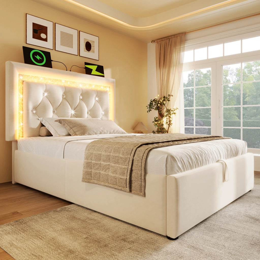 Letto imbottito 90x200 cm beige con LED, USB-C, vano contenitore e rete