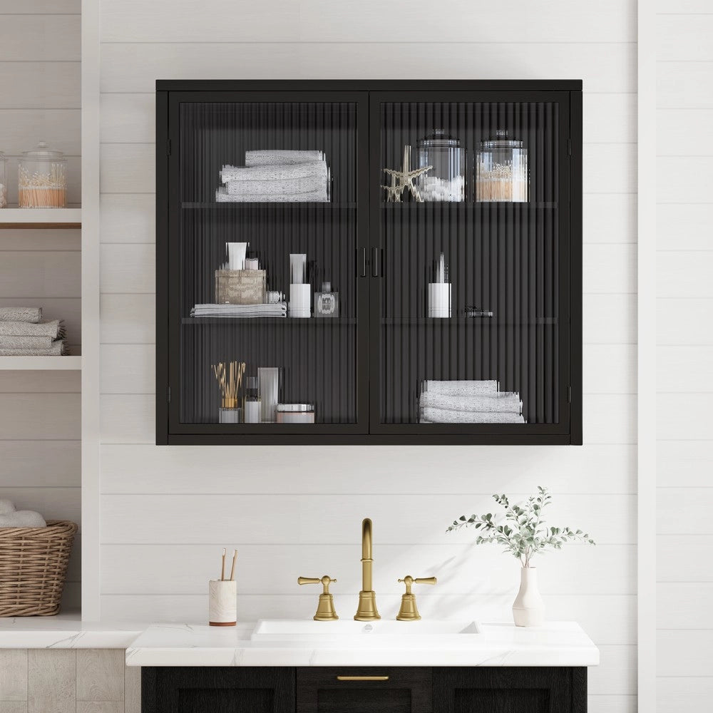Mobile da ingresso a muro ¨C Minimal ¨C Bianco e nero, vetro trasparente, 3 ripiani, 70 cm, salvaspazio