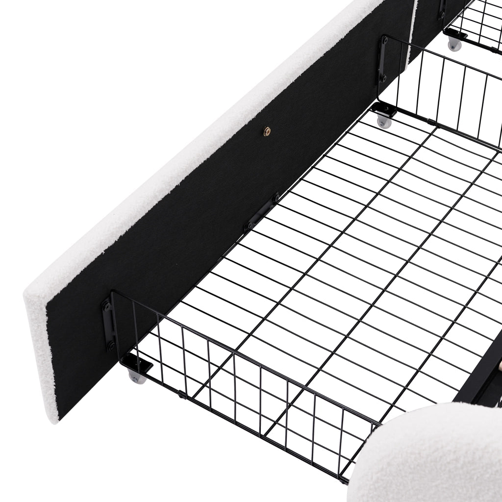 Letto singolo imbottito 90x200 cm con USB Type-C, LED, 2 cassetti e materasso incluso, rivestimento Sherpa bianco