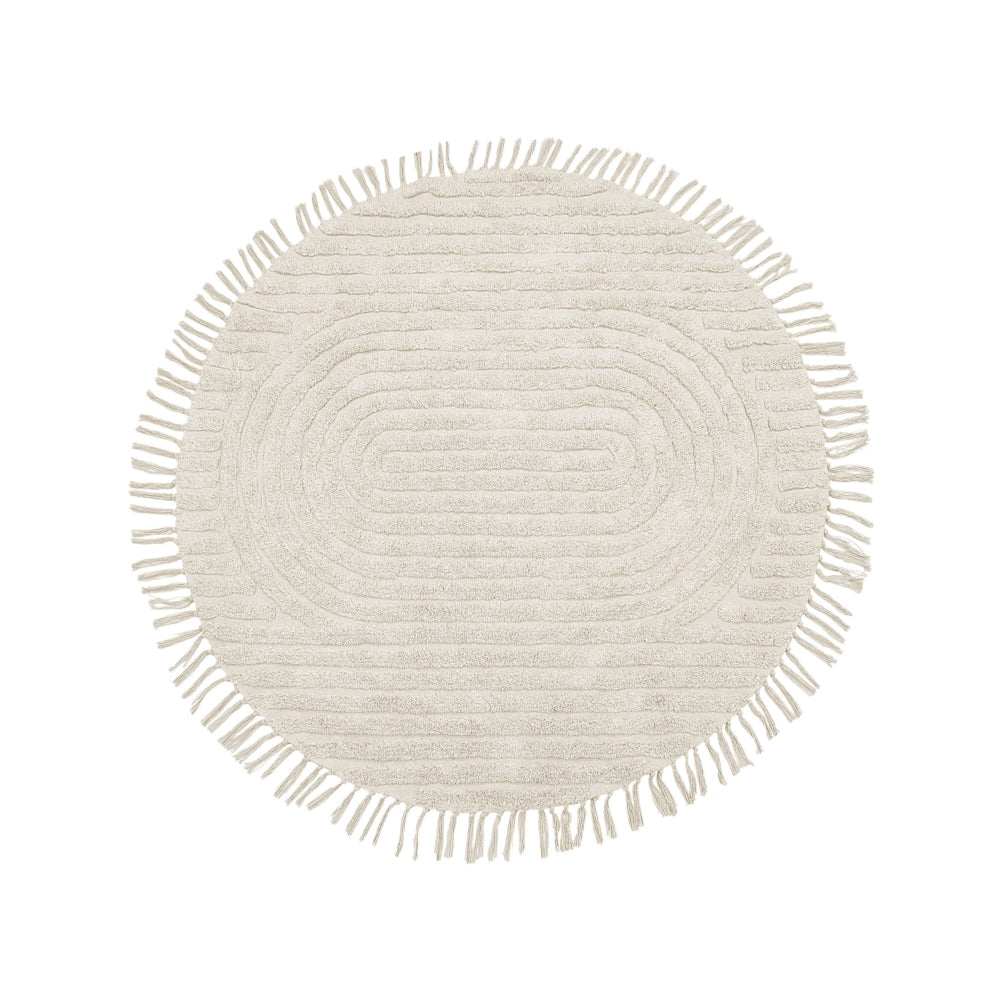 Tappeto rotondo in cotone beige ⌀ 140 cm trapuntato con motivo a frange boho soggiorno camera da letto