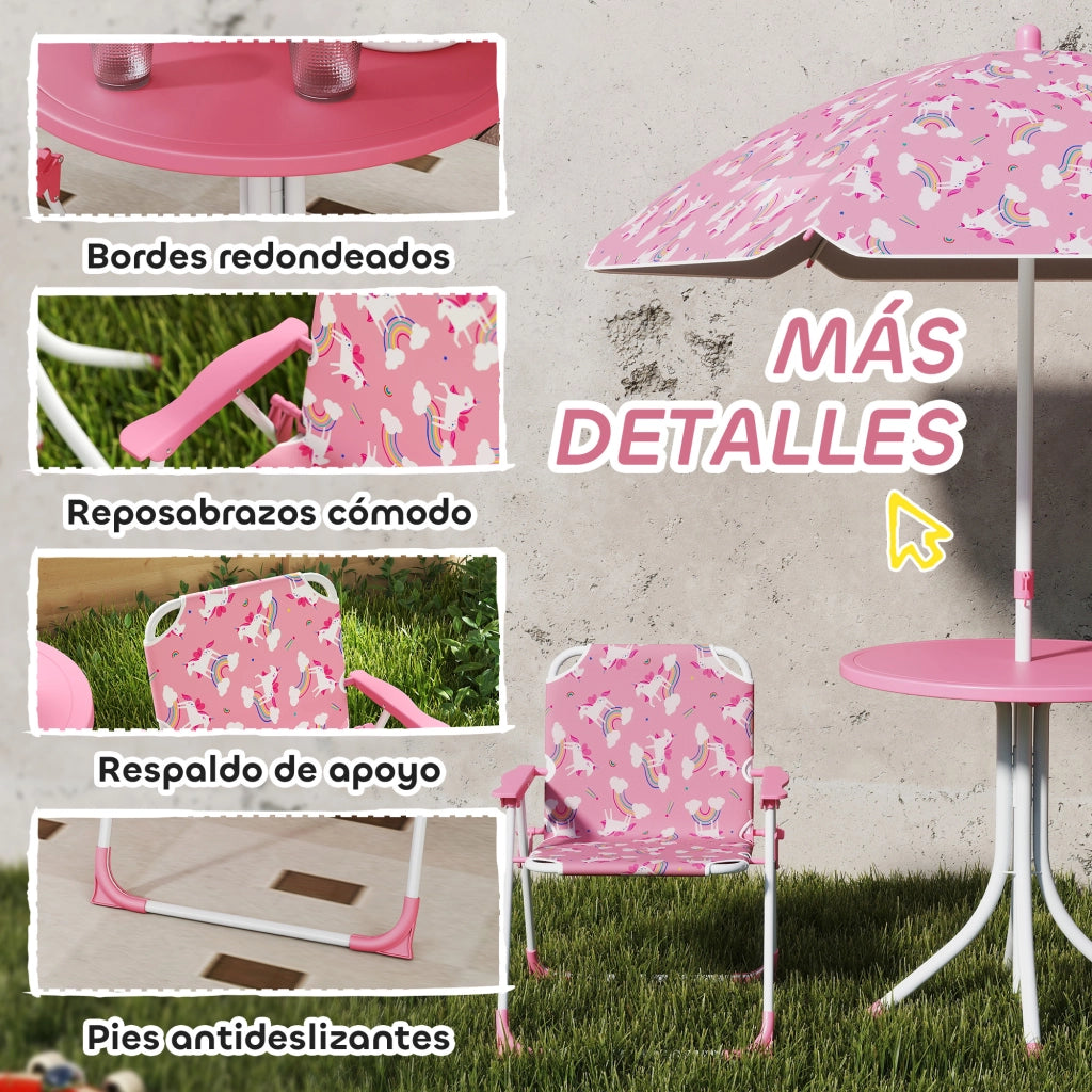 Set Tavolo e Sedie da Giardino per Bambini ¨C zephmum ¨C Rosa, Pieghevole, 4 Pezzi, Design Unicorni