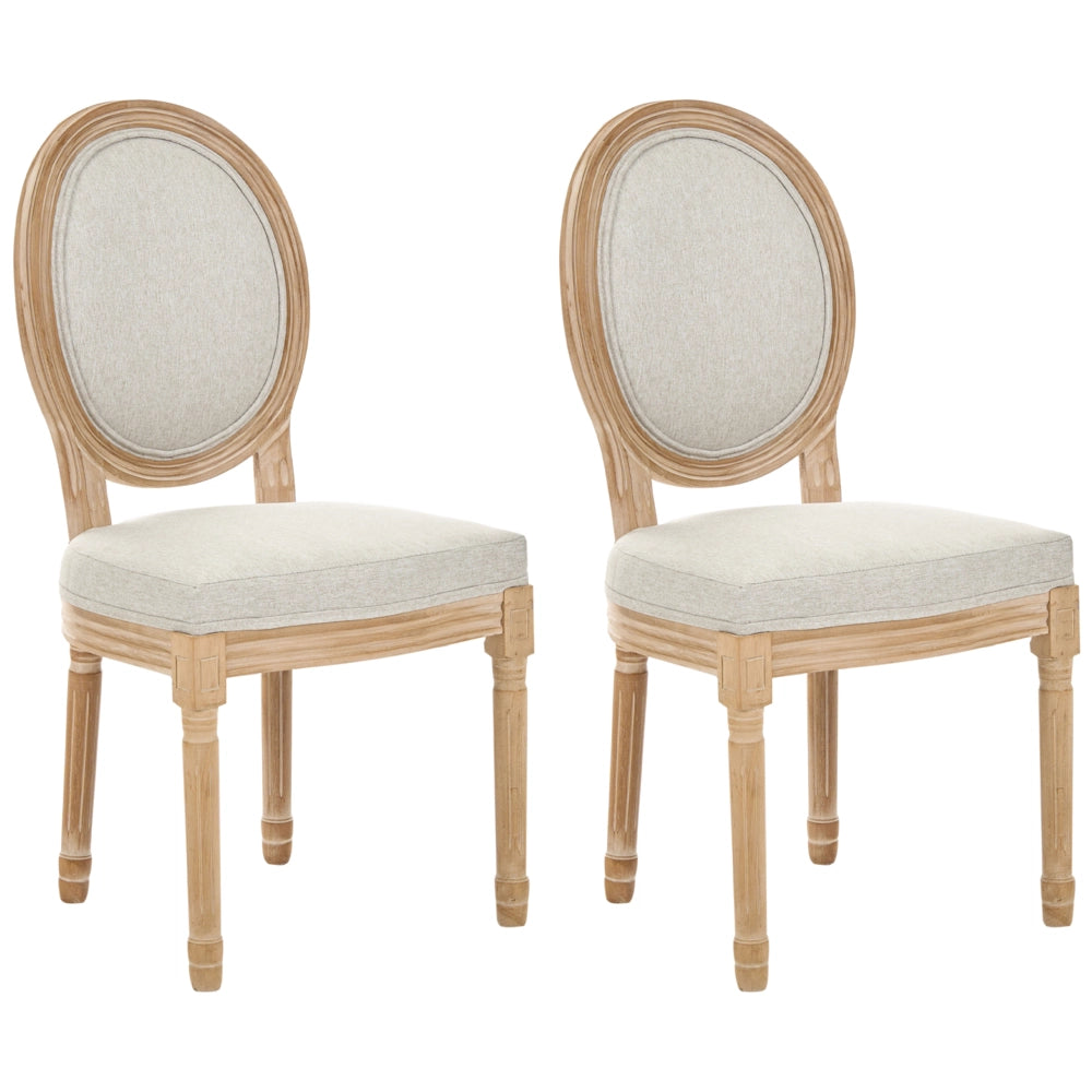 Set di 2 sedie da pranzo con struttura in legno e rivestimento in tessuto marrone chiaro e beige, stile country francese shabby chic vintage