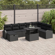 Set Divano da Giardino 9 Pezzi con Cuscini Nero Polyrattan