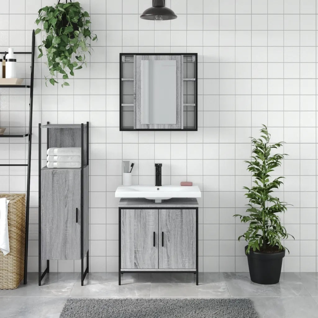 Set Mobili da Bagno | Armadio da bagno 3 pz Grigio Sonoma in Legno Multistrato
