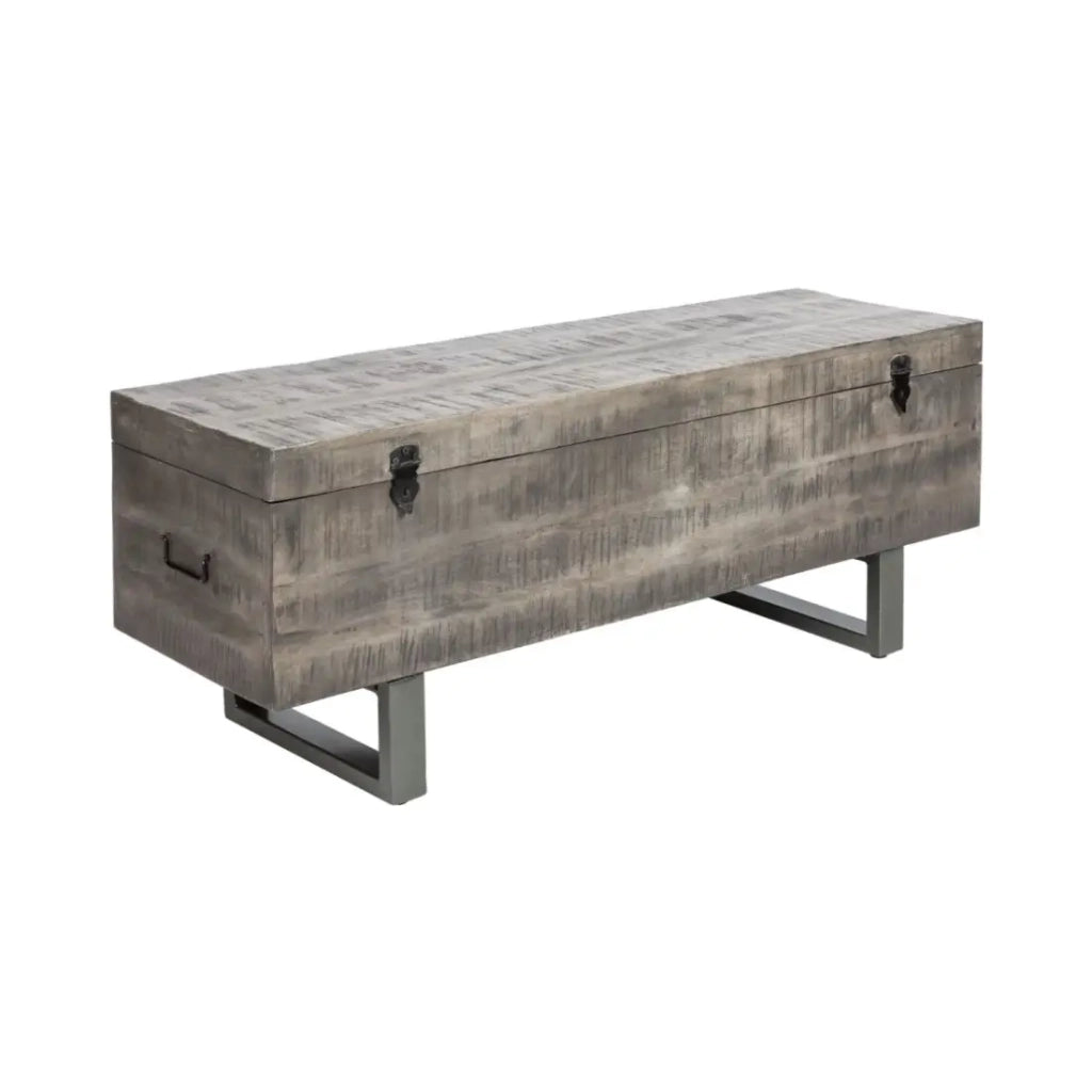 Tavolino basso o panca contenitore MERAX 115 cm grigio in legno massiccio e metallo stile industriale