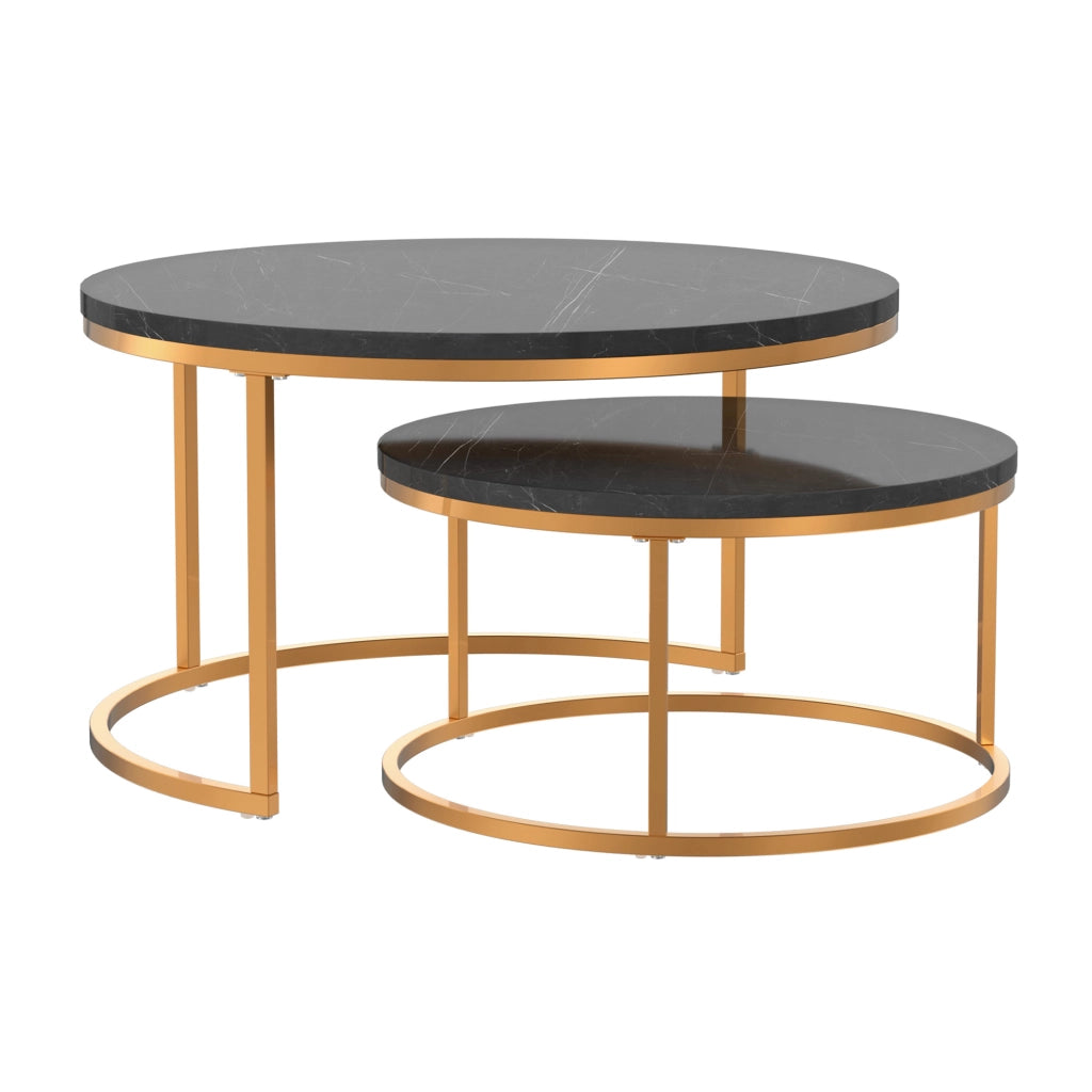 Set di 2 tavolini da salotto impilabili in MDF e metallo; tavolini ausiliari; nero e oro