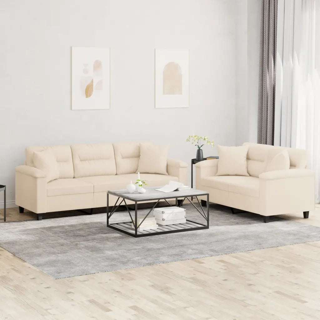Set Divani 2 pz con Cuscini Beige in Tessuto Microfibra 3202355