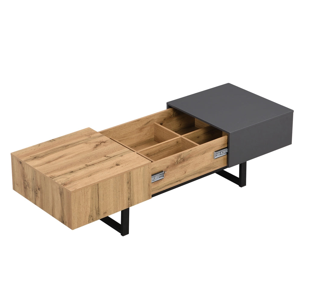 Tavolino da salotto 100x40x55 cm scorrevole con scomparti; pannello truciolare naturale e antracite