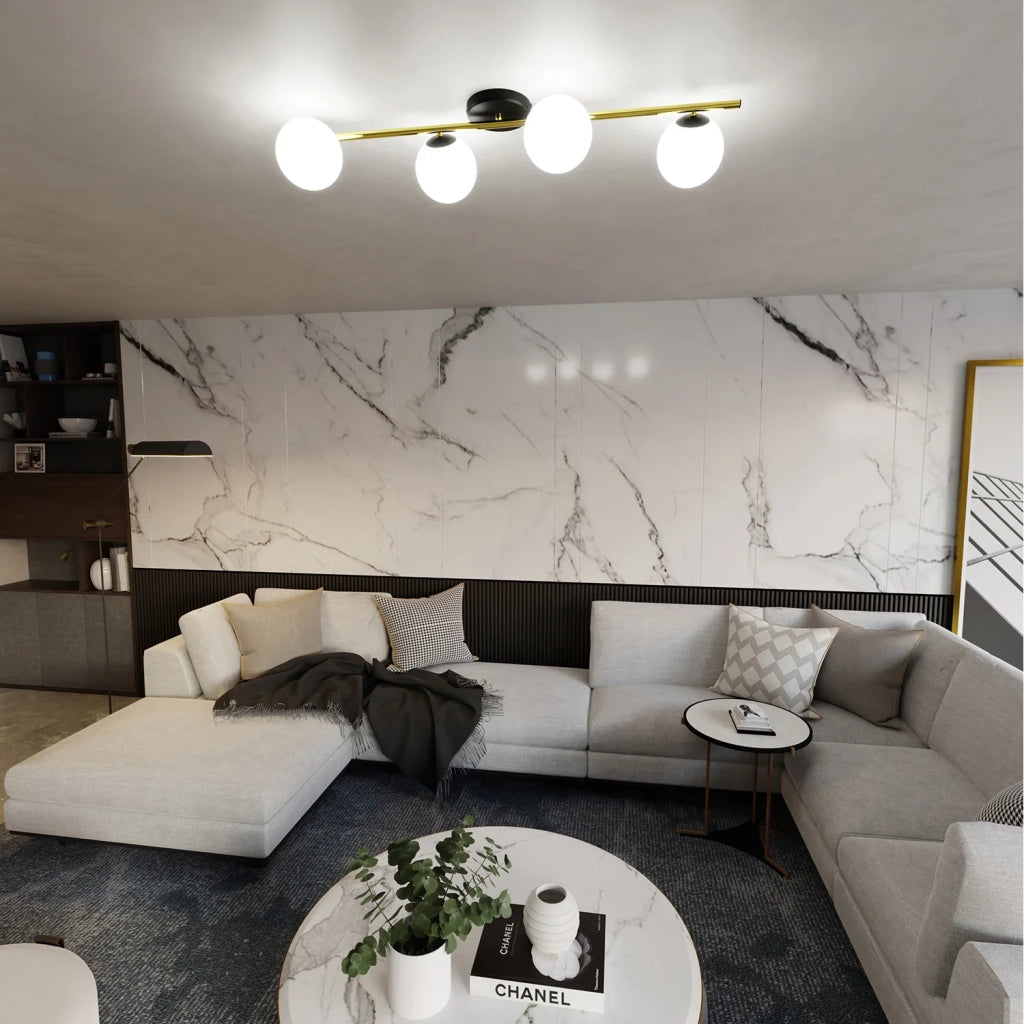 Plafoniera Contemporanea 4 Luci Eracle In Acciaio Oro/Nero E Sfere Vetro Bianco
