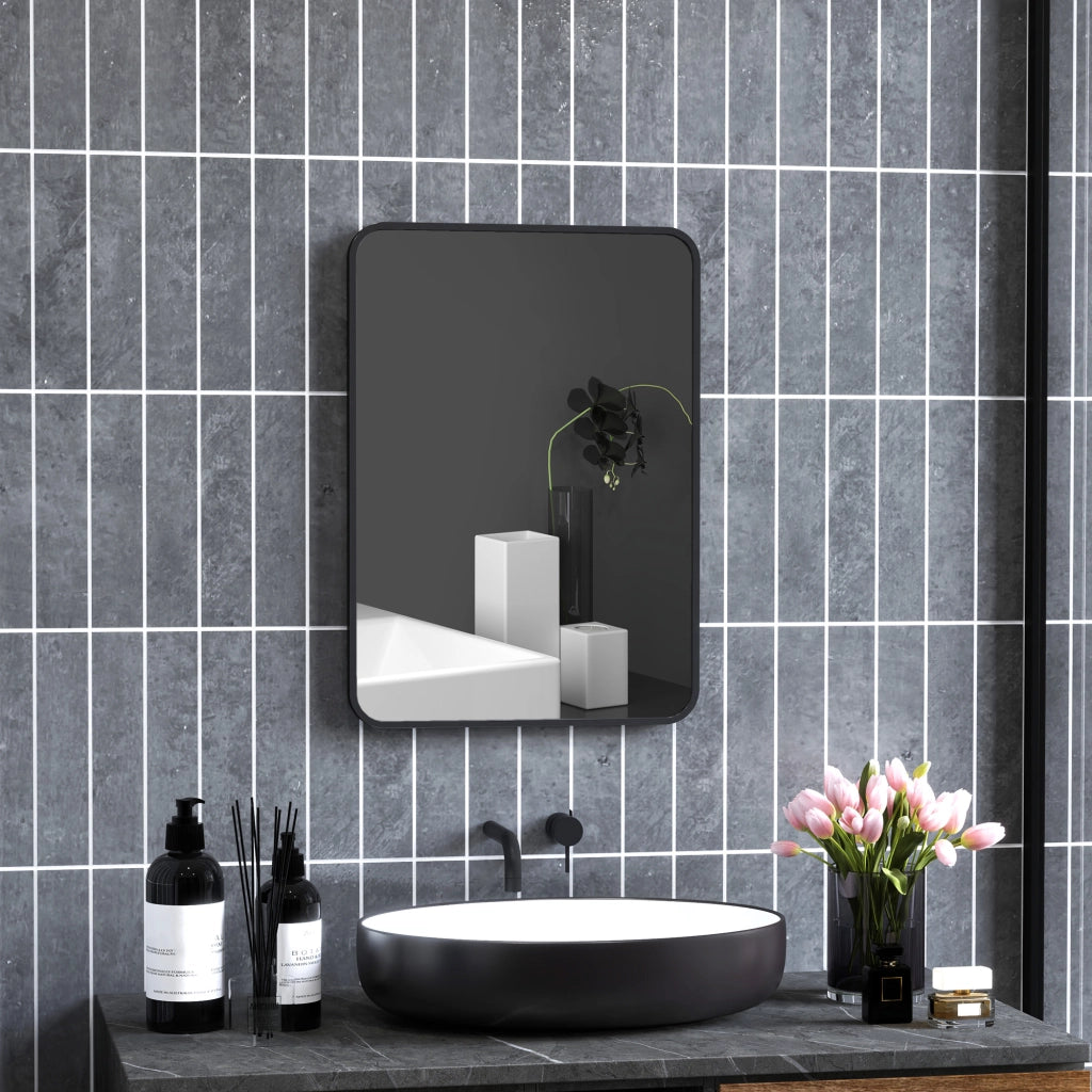 Specchio Bagno con Cornice in Metallo e Gancio, 50x2.5x70 cm, Nero