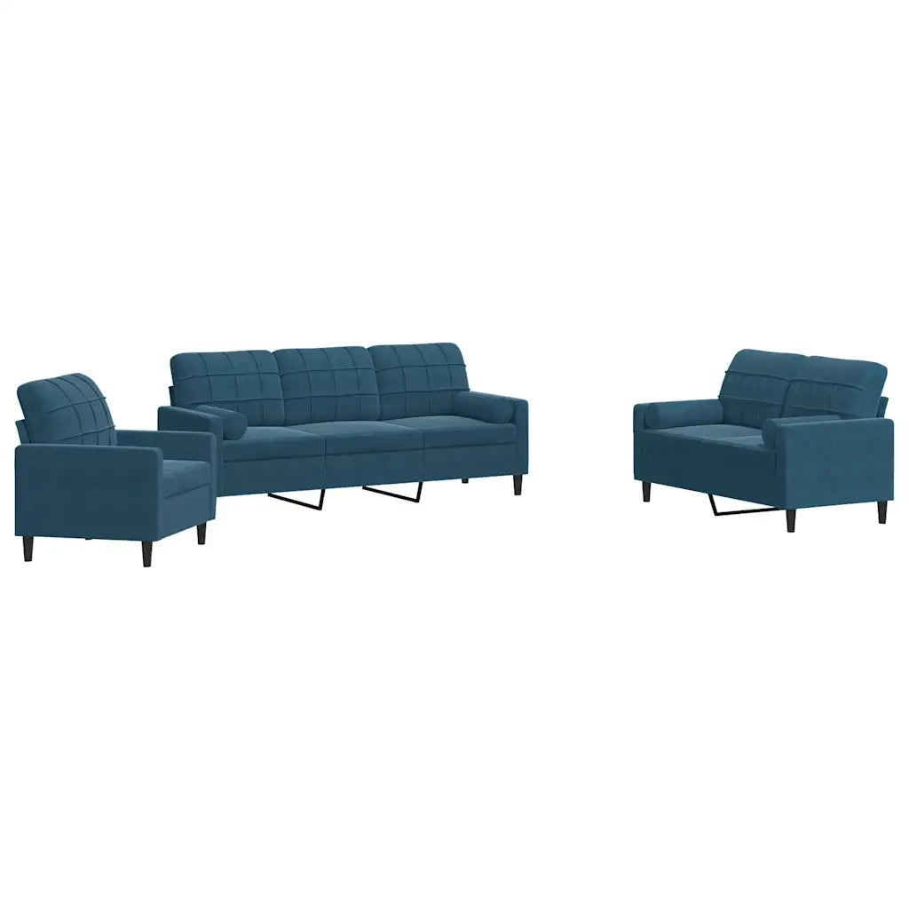 vidaXL Set di Divani 3 pz con Cuscini e Rinforzi Blu in Velluto
