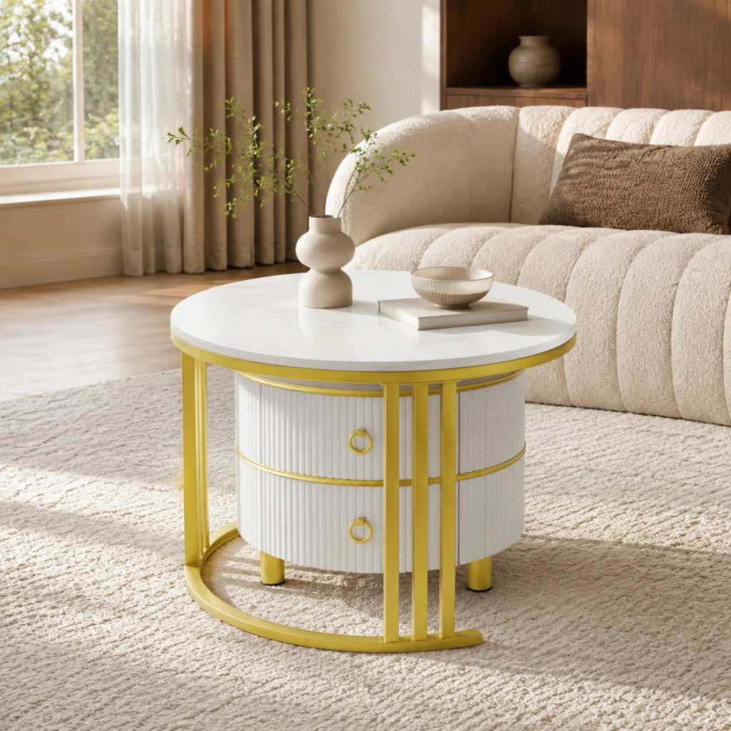 Set 2 Tavolini da Caffè Rotondi con Cassetti Bianco e Oro