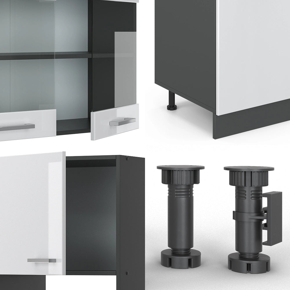 Vicco Cucina componibile Bianco lucido/antracite 300 cm con armadio alto, PL Rovere
