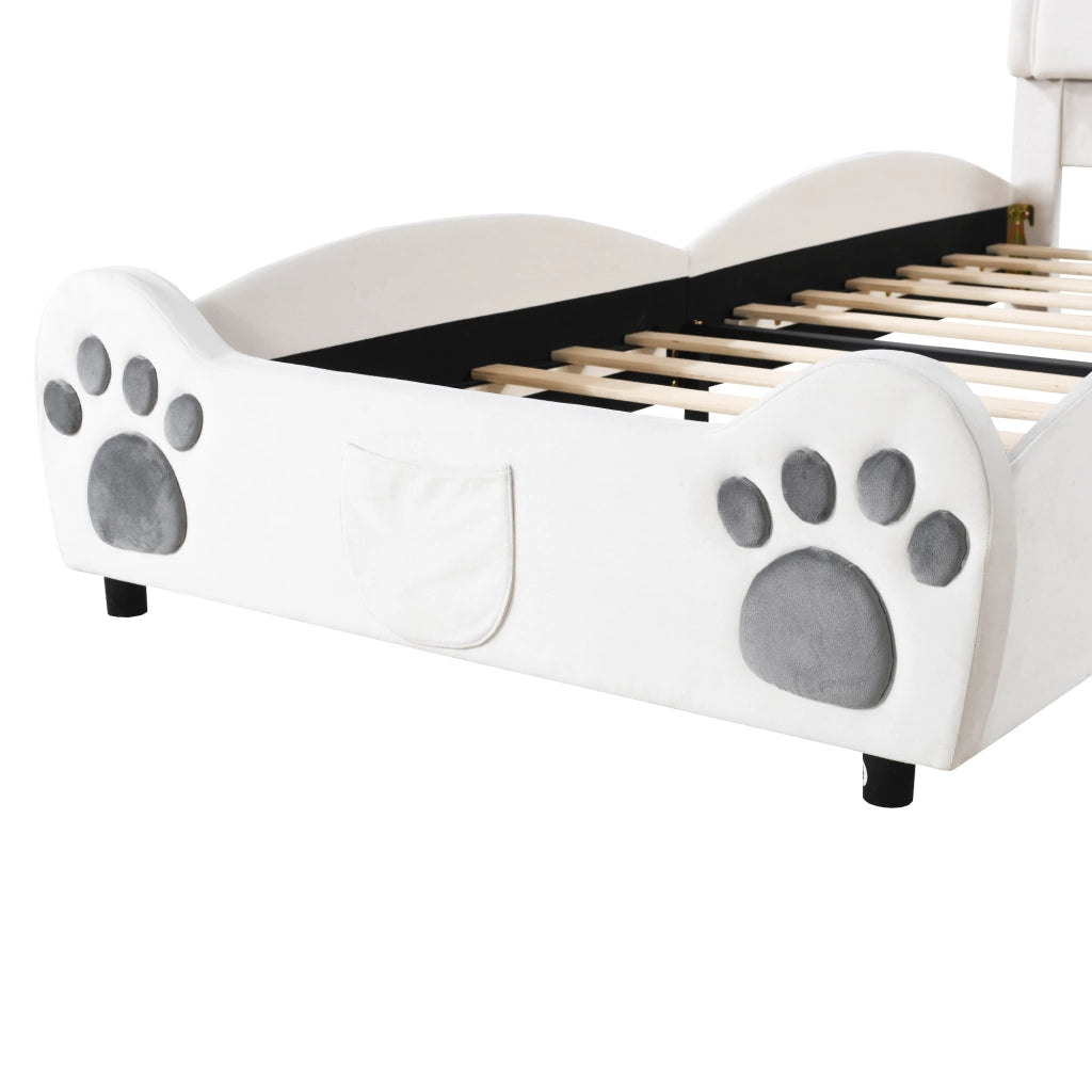 Letto per Bambini 90×200 cm; Letto Singolo Imbottito a Forma di Orso; senza Materasso; Velluto; Bianco